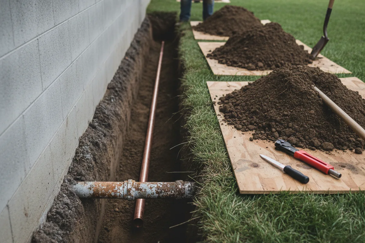 Excavated water line trench during Water Heater Repair in Crabtree